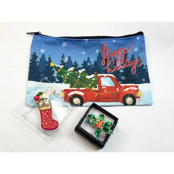 Happy Holidays Zipper Pouch With Vintage Christmas Pins - Red Truck Design - Picture 3 of 3